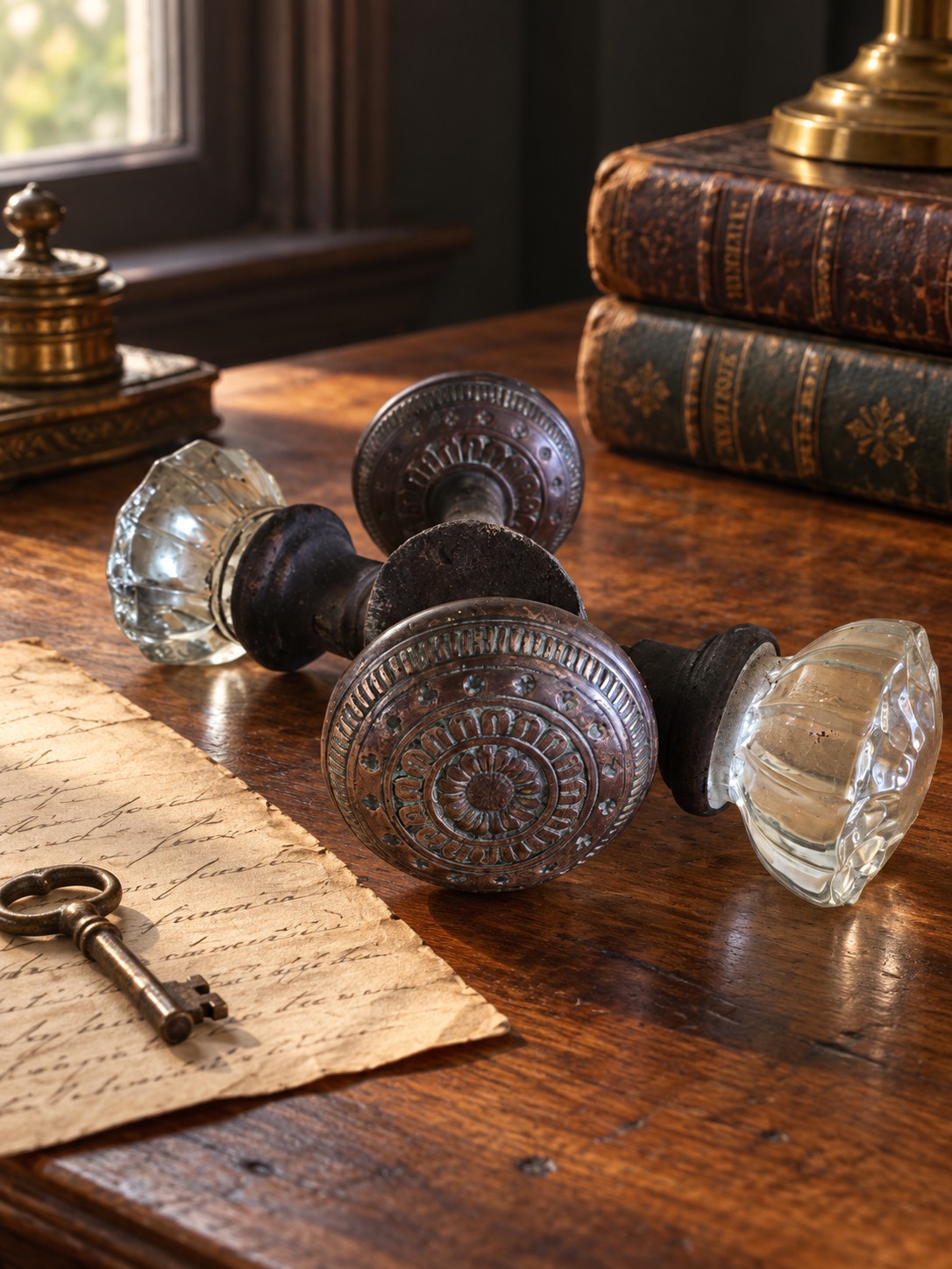 Vintage Copper & Crystal Doorknob Assemblies: Styled view