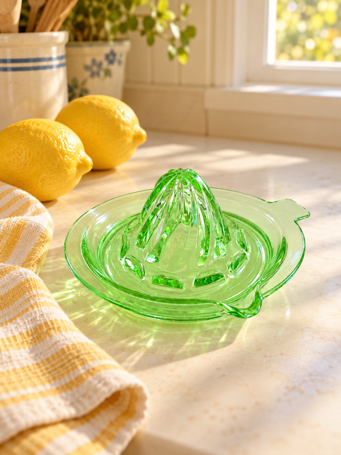 Uranium Glass Citrus Juicer: Styled view