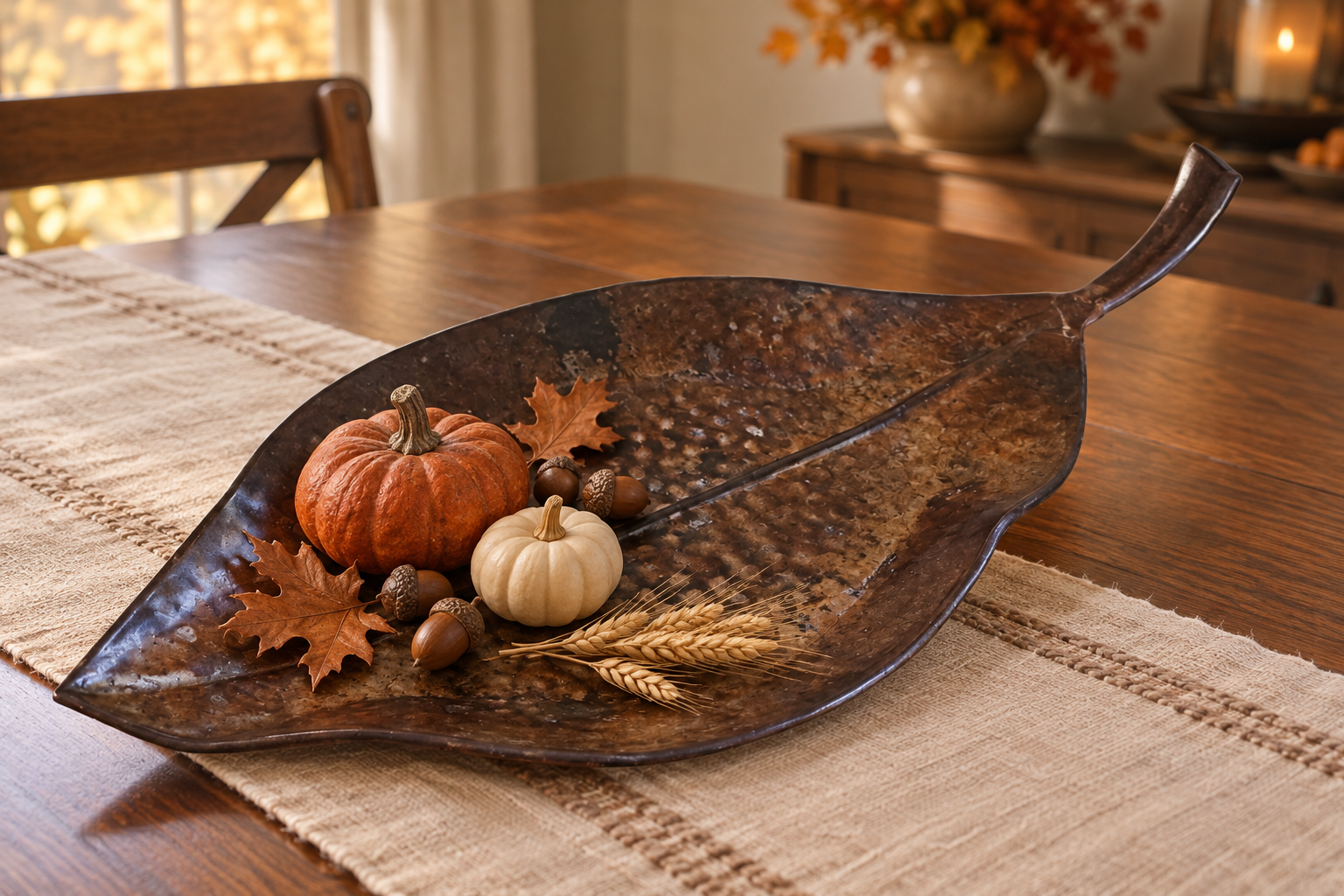 Hammered Metal Leaf Tray: Autumn styling