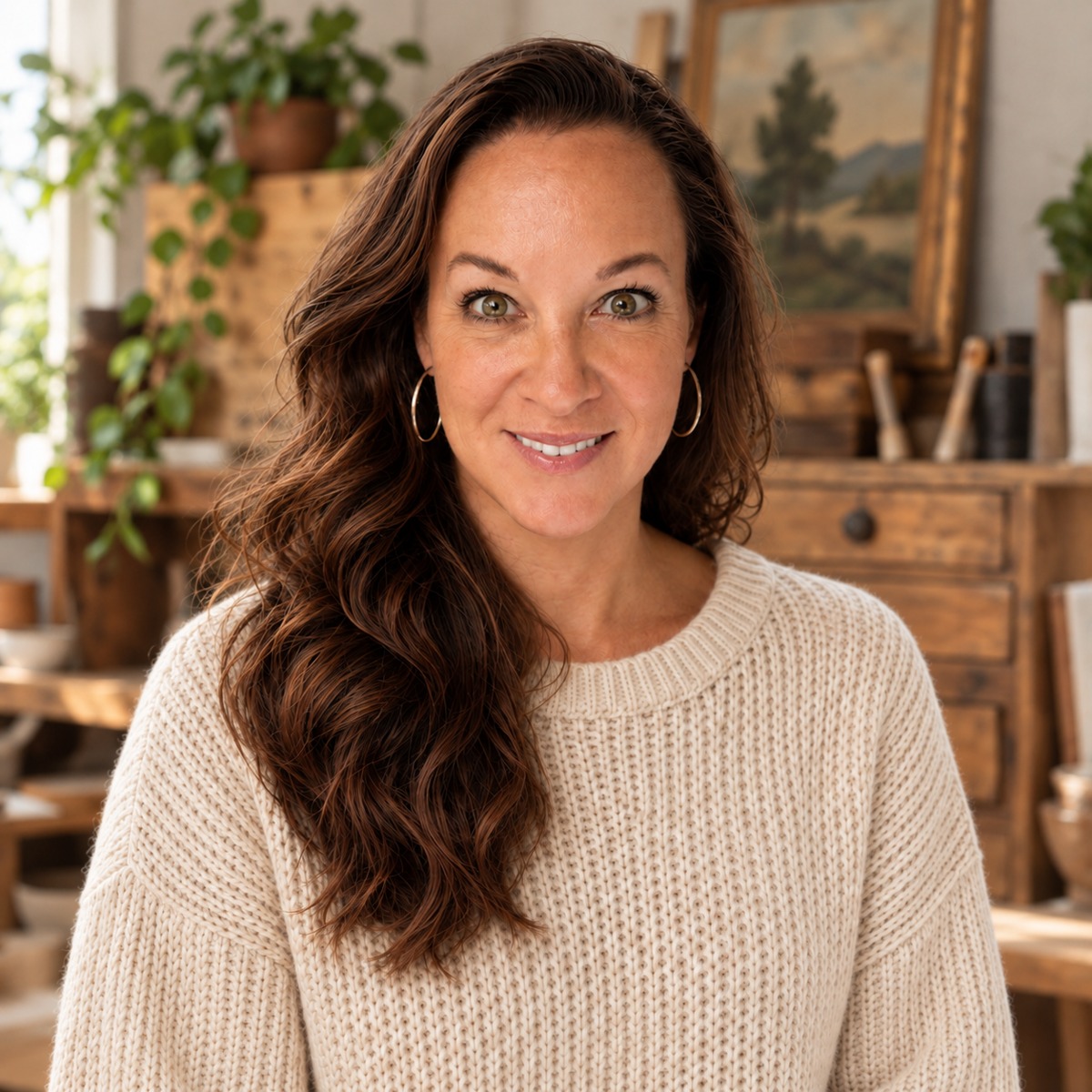 Monica, the creator behind Tanglewood Collected, wearing a cream sweater in a creative studio
