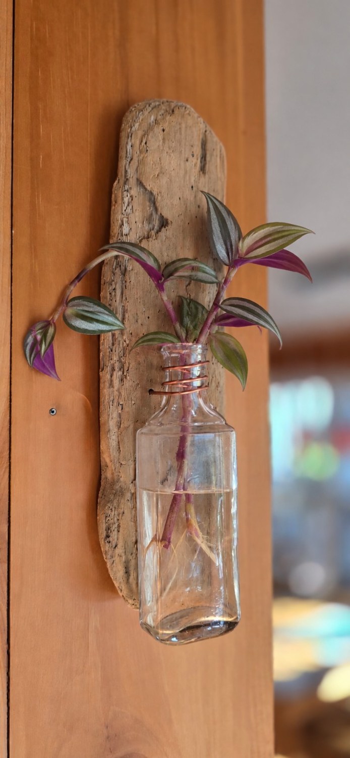 Tall Clear Bottle Wall Vase: Purple-green cutting