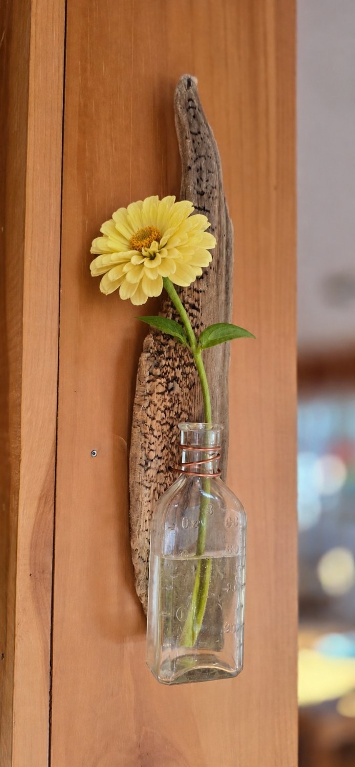 Marked Bottle Wall Vase styled with yellow zinnia